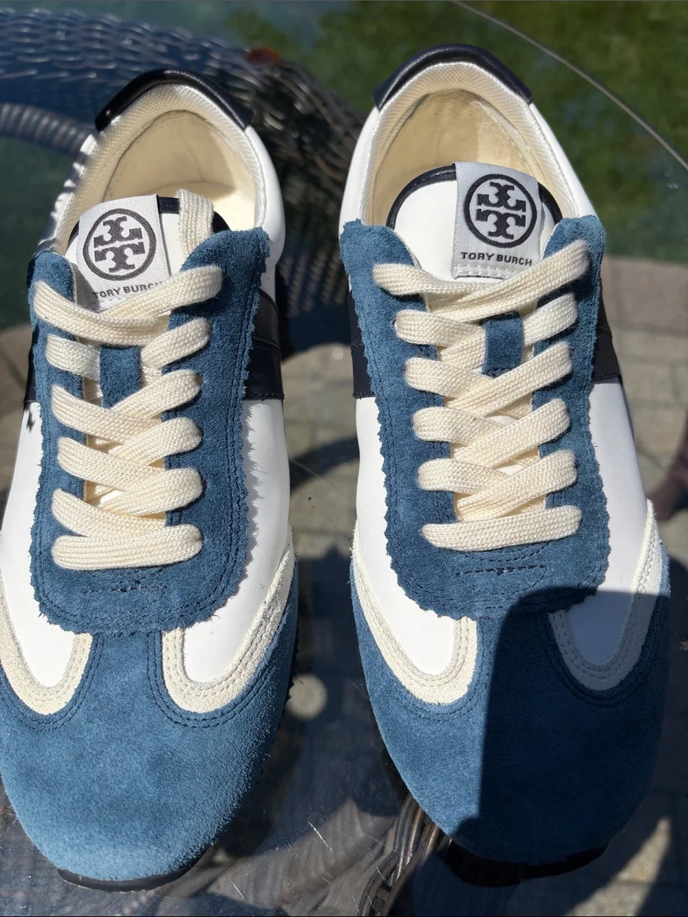 Tory Burch Blue and White Suede & Leather Sneakers